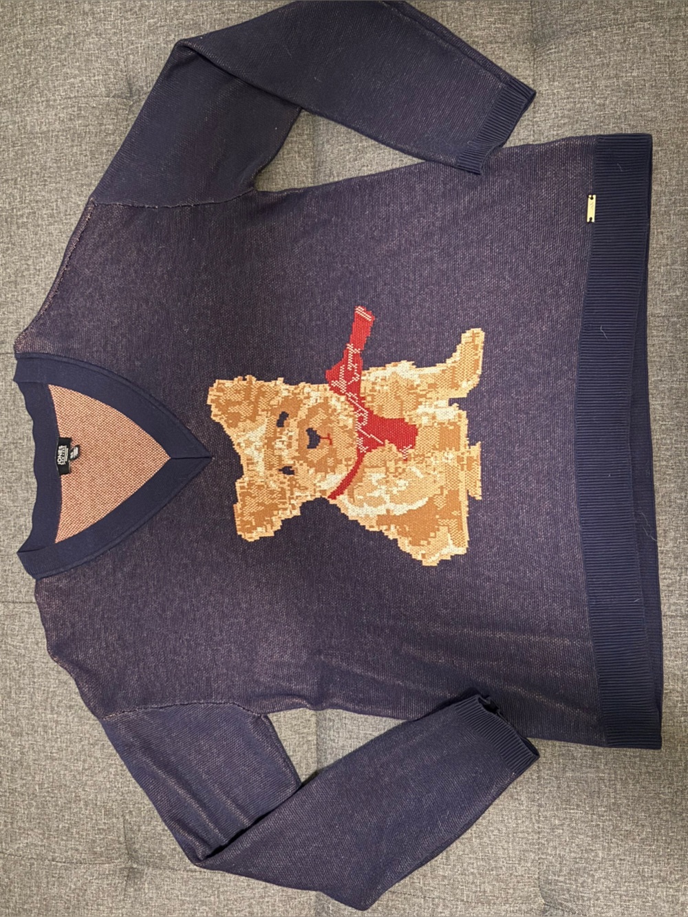 Jones New York Navy V-Neck Sweater with Puppy Intarsia